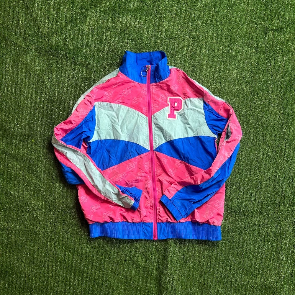 Pink Dolphin 90s Style Colorblock Puffer Jacket in Pink, Blue, and White